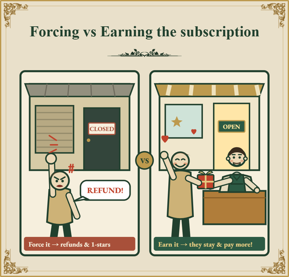 Force the subscription and you get refunds and 1-stars; earn it and they stay and pay more.