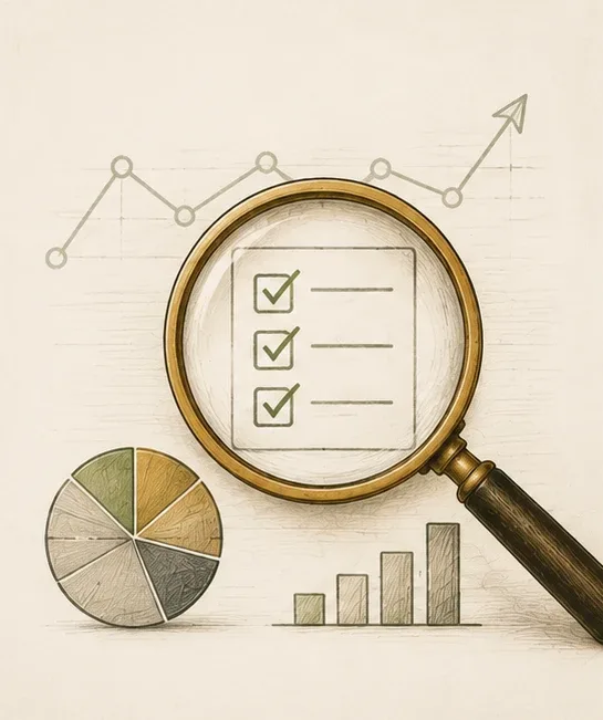 Audit: a magnifying glass over a checklist with charts