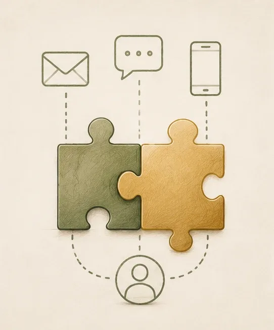 Build: two interlocking puzzle pieces linking email, SMS and chat to the customer