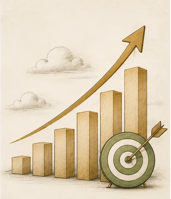 Scale: a rising bar chart with an upward arrow and an arrow hitting a bullseye